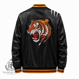 Men’s Tiger Sukajan Jacket, Black Japanese Souvenir Bomber, Printed Claw Graphic Varsity Jacket