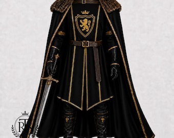 May include: A black tunic and cape set featuring gold trim, a brown leather belt, and a faux fur collar. The chest displays a gold lion emblem with a crown. The outfit includes black gloves, black boots with gold accents, and a metal sword.