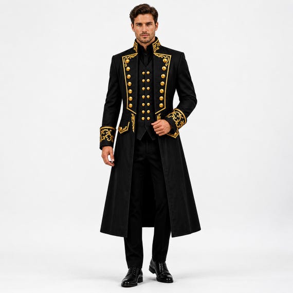 Men's Black Wool Ceremonial Embroidered Coat | Victorian Naval