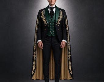 Men’s Gothic Wedding Suit with Cape, Black Gold Embroidered Tuxedo, Emerald Green Vest, Victorian Vampire Groom Outfit