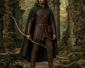 Men’s Robin Hood Costume, Medieval Forest Ranger Cosplay, Genuine Leather Vest, Green Wool Hooded Cloak, Renaissance LARP Outfit