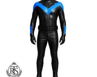 Traje de cosplay de Nightwing para hombre / Traje de cuero de vigilante / Mono azul de superhéroe / Disfraz de cuerpo completo para Halloween