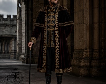 Men’s Medieval Lord Velvet Coat, Renaissance Noble Costume with Gold Embroidery and Faux Fur Mantle
