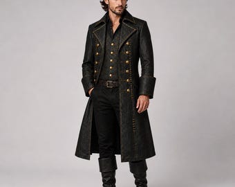 Men’s Rugged Gothic Pirate Coat, Steampunk Long Captain Jacket, Victorian Military Trench Coat, Dieselpunk Vintage Pirate Costume