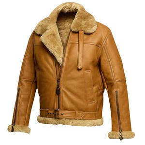May include: A tan leather jacket with a shearling collar and lining. The jacket features a zip-up front, a belt at the waist, and zippered sleeves. The jacket has a classic aviator style.