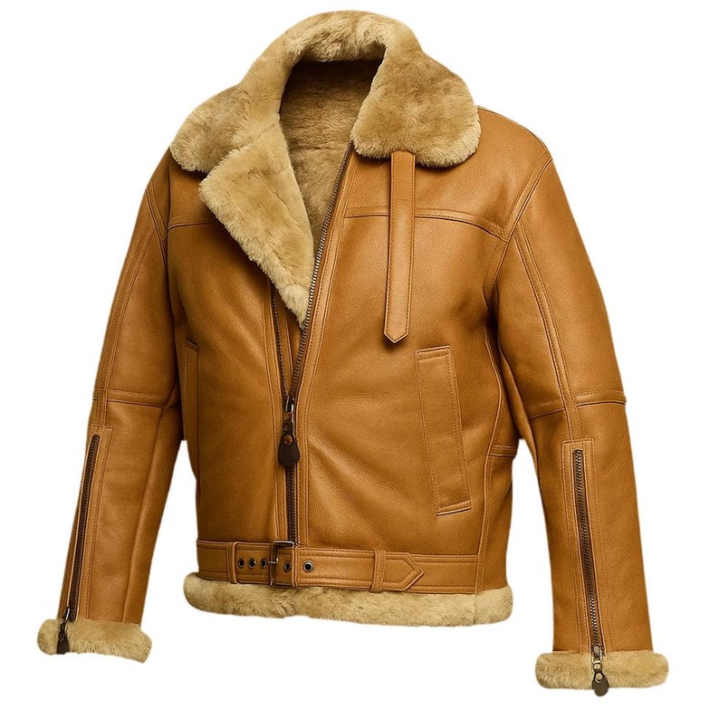 May include: A tan leather jacket with a shearling collar and lining. The jacket features a zip-up front, a belt at the waist, and zippered sleeves. The jacket has a classic aviator style.