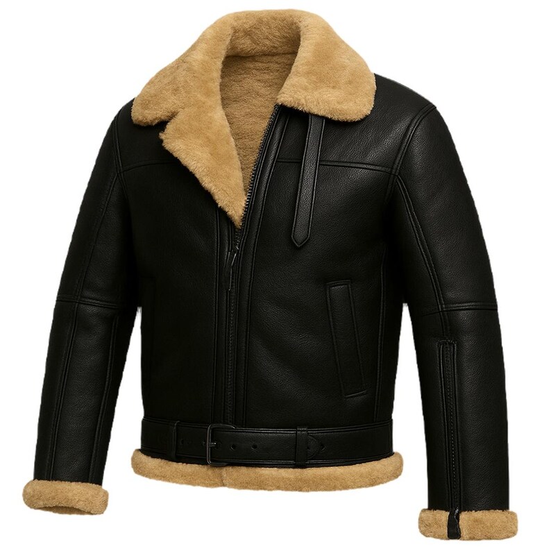 May include: Black leather jacket with a tan shearling collar and lining. The jacket has a zip-up front, a belt at the waist, and shearling trim on the cuffs. A classic style, suitable for cold weather.