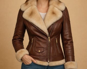 Women's Genuine Sheep Leather Fur lined Bomber Winter Jacket