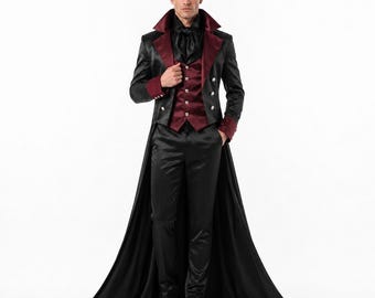 Vampire Gothic Wedding Tuxedo | Dracula Groom Suit | Black Burgundy Satin Masquerade Ball Tailcoat | Halloween Vampire Costume