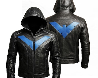 Sudadera con capucha de cosplay de superhéroe Nightwing para hombre / Chaqueta con capucha de cuero genuino / Abrigo de estilo urbano de superhéroe / Disfraz de cosplay de vigilante
