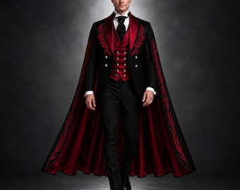Gothic Vampire Cape Suit, Victorian Black Red Tuxedo, Embroidered Dracula Costume, Dark Wedding Groom Outfit, Custom Mens Formalwear
