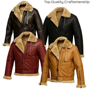 May include: Four leather jackets in different colours: dark brown, black, burgundy, and tan. Each jacket has a shearling collar and lining, a front zip, and a belt at the waist. The text "Top Quality Craftsmanship" is at the top.