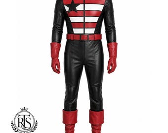 May include: A black leather jumpsuit featuring a high collar, long sleeves, and a front zipper. The chest displays horizontal red and white stripes with a large black star. It includes a matching red belt, red gloves, and red calf-high boots.