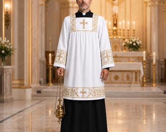 Catholic Surplice Alb, White Clergy Surplice Robe with Gold Cross Embroidery, Priest Vestment, Altar Server Alb, Roman Catholic Church Robe