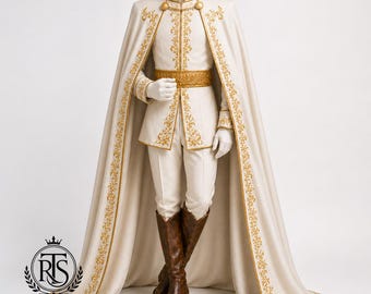 Op de afbeelding: Een crèmekleurig formeel ensemble bestaande uit een lange cape, een gestructureerd jasje en een bijpassende broek. De kledingstukken zijn versierd met ingewikkeld goudborduursel langs de randen en in het midden. Een brede gouden riem en bruine leren laarzen maken de set compleet.