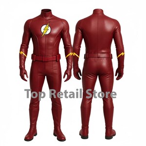 May include: A red superhero costume with a high collar, long sleeves, and matching boots. The front features a white circle with a yellow lightning bolt emblem. Yellow lightning bolt accents are on the arms. The text "Top Retail Store" is at the bottom.