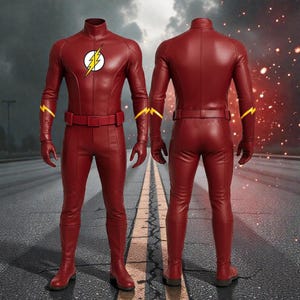 May include: A red superhero costume with a high collar, belt, and boots. The front features a white circle with a yellow lightning bolt emblem. Yellow lightning bolt accents are on the arms. The costume is displayed from the front and back.