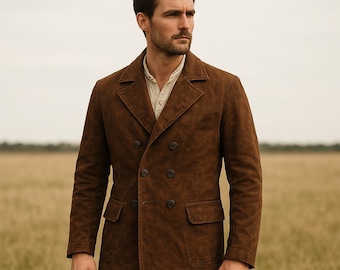 Vintage Brown Suede Blazer Jacket | Double Breasted Cowboy Blazer | Men's Rustic Western Jacket | Old Fashioned Rugged Field Coat