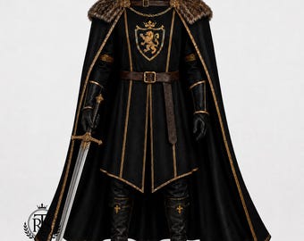 Men's Medieval King Costume, Black Royal Knight Tunic with Cape and Faux Fur Mantle, Renaissance LARP Fantasy Warrior Outfit