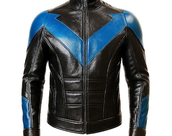 Men's Blue wing Superhero Cosplay Leather Motorcycle Jacket | Blue Vigilante Cosplay Suit
