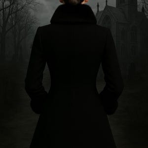 May include: A person seen from the back, wearing a long black coat with a fur collar and cuffs, standing in front of a gothic church. The coat has a flared skirt. The background is a dark, overcast landscape.