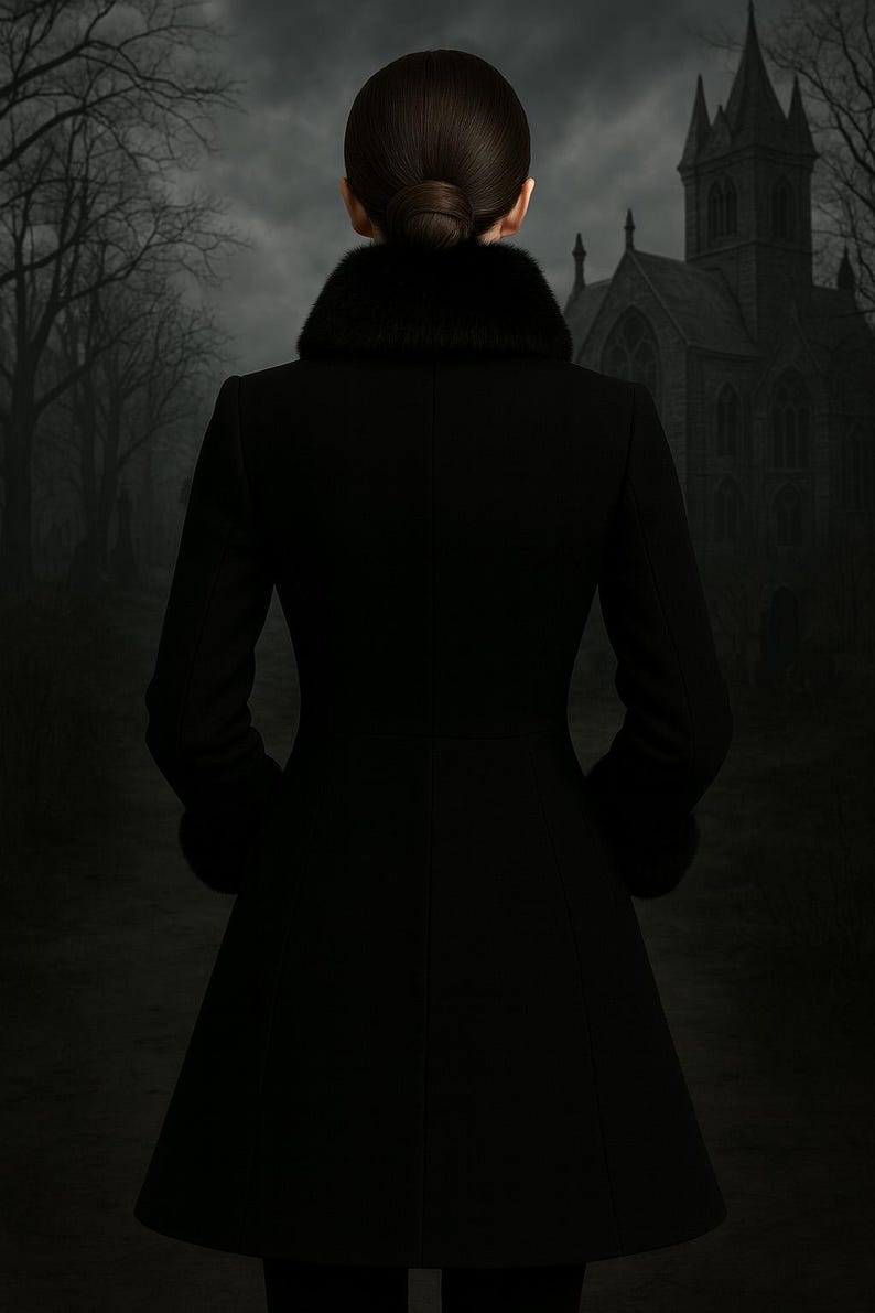 May include: A person seen from the back, wearing a long black coat with a fur collar and cuffs, standing in front of a gothic church. The coat has a flared skirt. The background is a dark, overcast landscape.