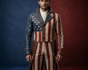 American Flag Leather Coat Men, Patriotic USA Stars Stripes Costume, 4th July Festival Outfit, Americana Parade Coat, Coat Pants Option