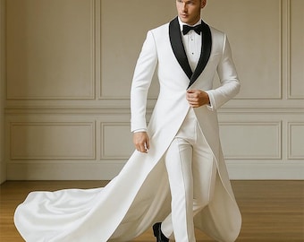 Men's White Wedding Tailcoat, Long Train Tuxedo for Groom, Formal Ceremony Wear, Bridal Party Coat