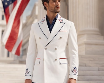 Men's White Patriotic Blazer, American Eagle Embroidered Suit Jacket, 4th of July Military Parade Coat, USA Independence Day Formal Jacket