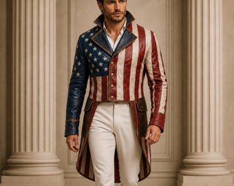 American Flag Leather Coat, USA Flag Jacket, Fourth of July Outfit, Mens Patriotic Costume Coat, Independence Day USA Themed Costume