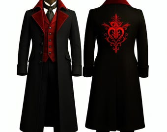 Gothic Hochzeitskostüm: Handgefertigtes Besticktes Outfit, Roter Steampunk-Mantel, Maskerade-Frack