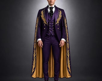 Purple Gothic Wedding Suit with Cape, Victorian Groom Tuxedo, Gold Embroidered Baroque Suit, Luxury Custom Mens Wedding Outfit