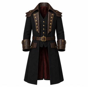 Może przedstawiać: Czarny płaszcz w stylu steampunk z brązowymi skórzanymi akcentami. Płaszcz posiada kołnierz z klapami, epolety i złote guziki. Brązowy skórzany pasek podkreśla talię. Płaszcz ma długi, powiewny krój.