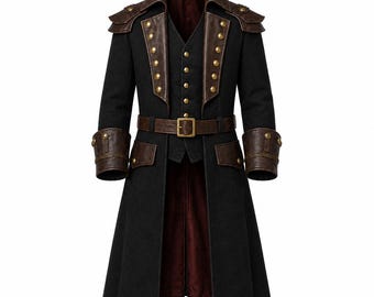 Gothic Pirate Captain Jacket | Men's Dramatic Military Officer Jacket | Renaissance Greatcoat | Black Steampunk Privateer Commander Coat