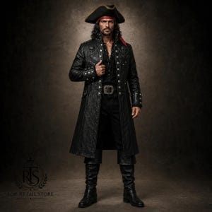 Manteau en cuir noir cosplay pirate pour homme | Veste gothique cloutée tête de mort | Trench-coat boucanier Jolly Roger | Trench de pirate en calicot Jack