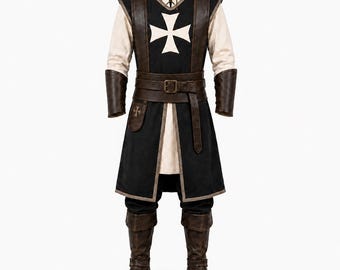 Medieval Knight Costume, Crusader Templar Tunic, Renaissance Faire LARP Clothing, Fantasy Warrior Cosplay
