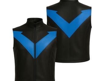May include: Black vest with a blue chevron design across the chest and back. The vest has a stand-up collar and a full-length zipper. The second vest is shown from the back.