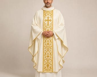 Ivory Catholic Priest Chasuble, Gold Embroidered Church Vestment, Liturgical Mass Robe, Christmas Easter Clergy Vestment, Custom Altar Robe