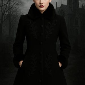 May include: A black coat with a faux fur collar and cuffs. The coat features ornate embroidered detailing and a button-down front. The background shows a gothic-style building and a dark, overcast sky, creating a dramatic aesthetic.