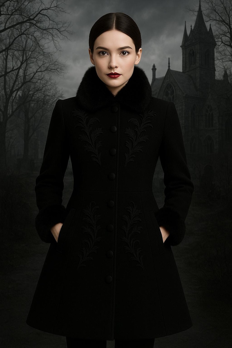 May include: A black coat with a faux fur collar and cuffs. The coat features ornate embroidered detailing and a button-down front. The background shows a gothic-style building and a dark, overcast sky, creating a dramatic aesthetic.