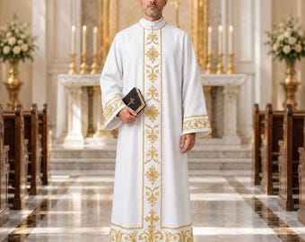 White Catholic Alb Robe Gold Embroidered Clergy Vestment, Roman Priest Cassock Robe, Liturgical Alb, Church Worship Gown, Mass Vestment