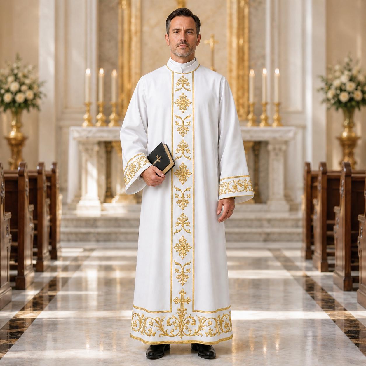 White Catholic Alb Robe Gold Embroidered Clergy Vestment, Roman Priest Cassock Robe, Liturgical Alb, Church Worship Gown, Mass Vestment