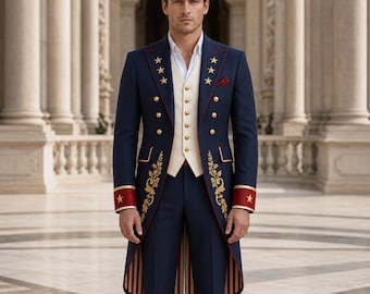 Men's Navy USA Patriotic Frock Coat, Gold Embroidered American Ceremony Suit, Custom Formal Outfit