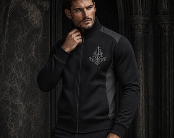 Men’s Gothic Track Jacket, Black Embroidered Zip Up Jacket, Dark Academia Streetwear, Baroque Bomber Jacket, Alternative Menswear