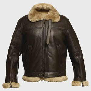 May include: A dark brown leather jacket with a shearling collar and lining. The jacket has a front zip, two front pockets, and a waist belt. The cuffs are also trimmed with shearling. A classic style of outerwear.