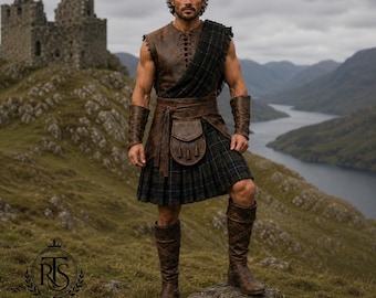 Men's Highland Warrior Costume, Scottish Tartan Kilt Outfit, Genuine Leather Tunic Armor, Medieval LARP Celtic Cosplay