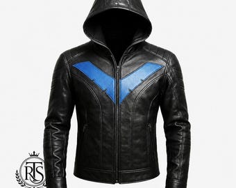 Men's Blue Wing Superhero Cosplay Hoodie | Genuine Leather Hooded Jacket | Superhero Streetwear Coat | Vigilante Cosplay Costume