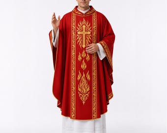 Red Pentecost Chasuble, Gold Cross Embroidered  Catholic Priest Vestment, Liturgical Robe, Church Mass Vestment, Clergy Altar Robe