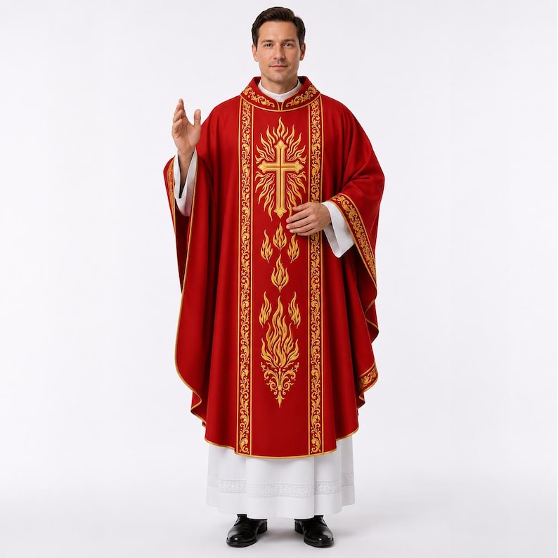 Red Pentecost Chasuble, Gold Cross Embroidered Catholic Priest Vestment ...