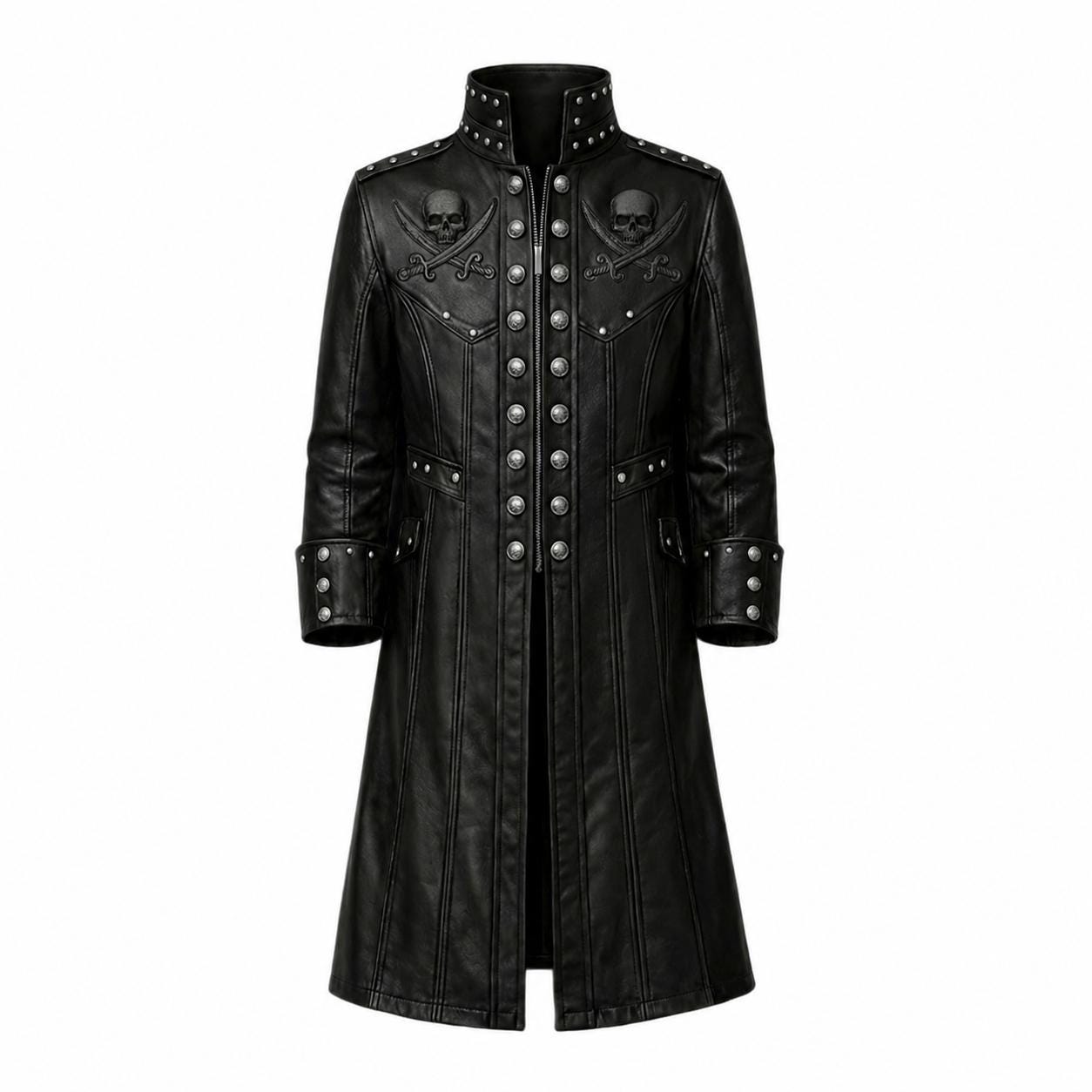 Men's Pirate Cosplay Black Leather Coat | Gothic Skull Studded